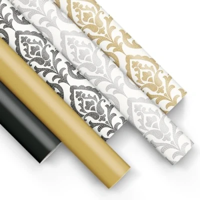 Imagen de PAW Papel de regalo 200x70cm 5 rollos Mezcla diseños Elegante para Envolver Regalos Cumpleaños, Bodas, Baby Showers, Fiestas y Negro, dorado, estampado