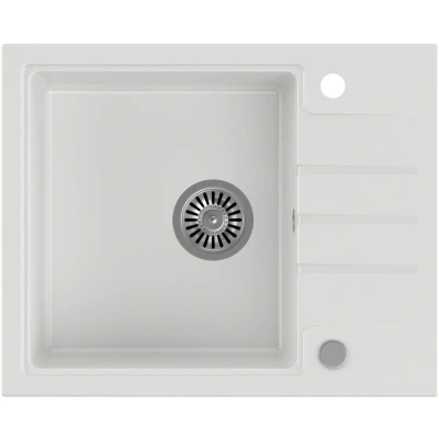 Imagen de QUADRON fregadero de granito un seno tamaño 62 x 50 20 cm, color: blanco y acero PETER 116 cocina moderno con sifón manual escurridor