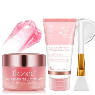 Imagen de Mascarilla Facial Colageno, Collagen Night Wrapping Mask y Jelly Cream Iluminar el Color de La Piel, Reducir las Líneas Finas, Hidratante Reafirmante Lifting