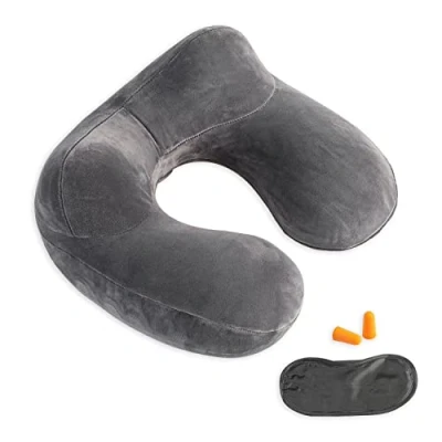 Imagen de Almohada de Viaje Inflable Soporte Cuello Terciopelo Suave 100% para Viajar, Aviones, Trenes, Coches y oficinas con Bolsa Transporte compacta, Funda Transpirable Lavable, Gris