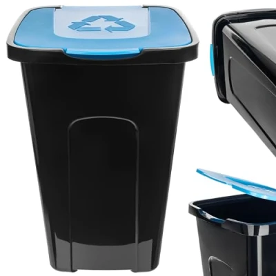 Imagen de KADAX Cubo de basura grande, rectangular, poliuretano, para separar vidrio, plástico y residuos orgánicos, 50 litros, azul