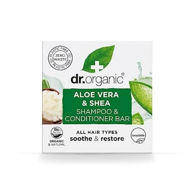 Imagen de Barra de Champú y Acondicionador Dr Organic Aloe Vera &amp; Karité, Calmante, Para Todo Tipo Cabello, NUEVO, Libre Plástico, Natural, Vegano, Crueldad, Sin Parabenos ni SLS, Orgánico, 75 g
