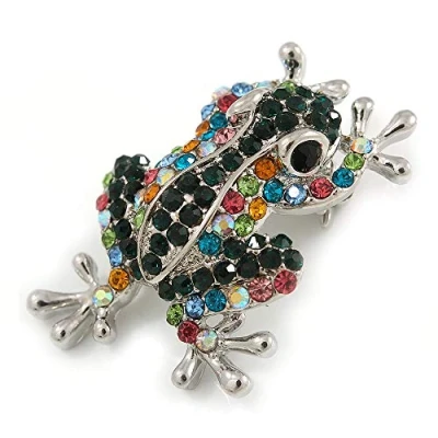 Imagen de Broche multicolor de rana y sapo cristal en metal plateado, 35 mm largo, talla única, Piedra preciosa, metal, plata