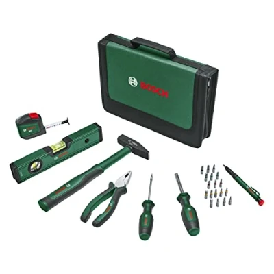 Imagen de Bosch Home and Garden Juego de herramientas manuales universales 25 piezas (kit versátil para uso general DIY en el hogar; alicates combinados; cinta métrica; nivel burbuja,