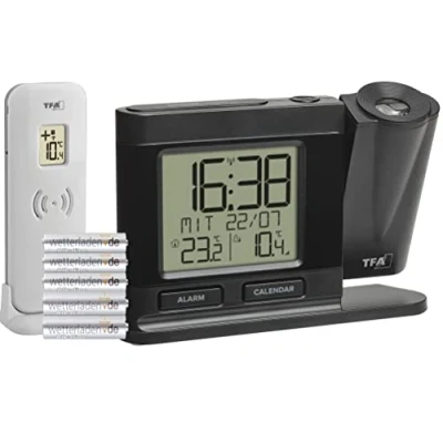 Imagen de TFA Dostmann 60.5018.01 Reloj despertador digital con proyección de 270, transmisor exterior, fuente alimentación, regulable, color negro, 149 x 38 104 mm,