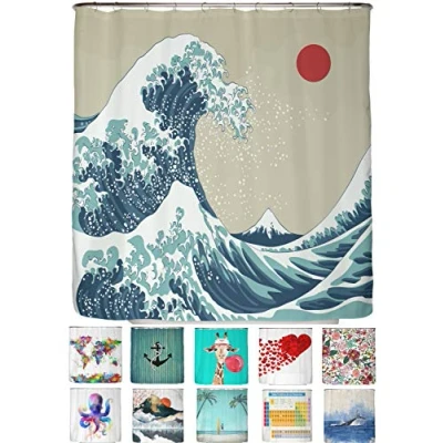 Imagen de arteneur® Cortina de Ducha 180x200 Baño Antimoho Tela, Impermeable, Lavable y Opaco con Dobladillo Ponderado Anillas (Ola Japón)