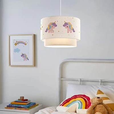 Imagen de lux.pro Lámpara Colgante Infantil de Techo para Niñas con Motivo Unicornio Dormitorio 1xE27 20 W Plástico Tela 70 x Ø 30 cm Blanco