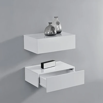 Imagen de Set de 2 Mesitas Noche Pared con cajón Blanco Lacado Alto Brillo 46x30x15cm