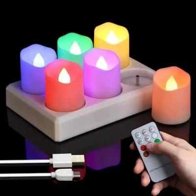 Imagen de FREEPOWER 6 velas de Té LED recargables multicolor con estación carga, eléctricas RGB parpadeante mando a distancia, temporizador, cable USB, diámetro 4 x 4,5 cm