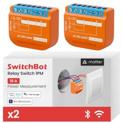 Imagen de SwitchBot Matter interruptor de relé 1PM, módulo inteligente con medición energía, Wi Fi y Bluetooth compatible Alexa/Apple HomeKit/Google Home, 2.4GHz, 16A 2 unidades