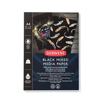 Imagen de Derwent Cuaderno de Dibujo Mixed Media Tamaño A4, Hojas Negras, Grosor 300gsm, 12 Hojas, Grano Fino, Sin Ácidos, Ideal para Dibujar, Bosquejar y Colorear, Calidad Profesional, 2306018