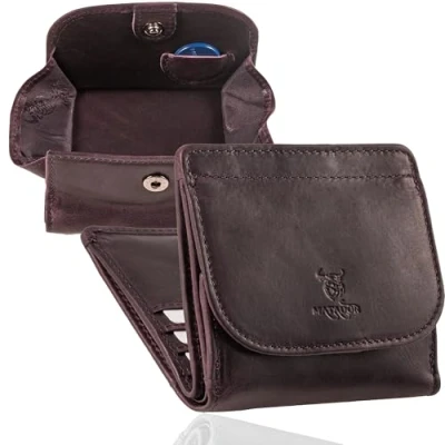 Imagen de MATADOR Pequeña caja de Viena, mini monedero, cartera para hombre, piel pequeña, monedero pequeño mujer con bloqueo RFID, paquete regalo, morado, Minimalista