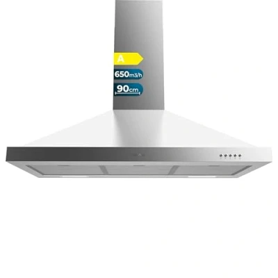 Imagen de Cecotec Campana Extractora 90 cm Piramidal Bolero Flux PM 906500 Inox A. Motor 165W, Acabado Negro, Succión 650m3/h, Control Mecánico, 3 Niveles de Potencia, Luz y Filtro Carbono