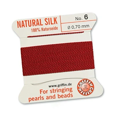 Imagen de GRIFFIN Hilo de seda 100% natural para abalorios, color rojo granate, 2 metros con una aguja, tamaño 0,70 mm