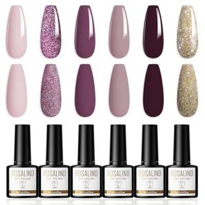 Imagen de ROSALIND Esmaltes Semipermanentes Para Uñas, 6 Colores Pintauñas Lila Morado Oscuro Dorado Glitter Gel Nail Polish Soak Off UV/LED, Art DIY de Otoño e Invierno, 8ml