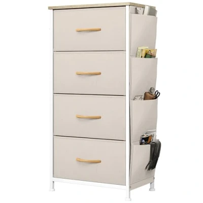 Imagen de YITAHOME Cajonera de Tela con Bolsillos Laterales, Ganchos,Cómoda Tela,Unidad Almacenamiento,con 4 cajones Extraíbles,Cómoda para Sala Estar,Dormitorio, habitación Infantil,Beige
