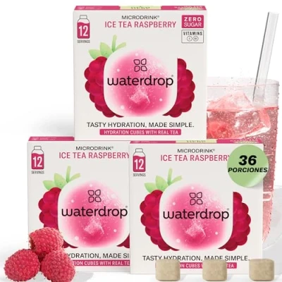 Imagen de waterdrop® Microdrink, Té Frio FRAMBUESA, 36 Pastillas Saborizantes Para Agua Sin AZÚCAR, NEGRO, Con VITAMINAS, Refresco Instantaneo Calorias, Infusiones Variadas Polvo, Ice Tea