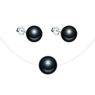 Imagen de Yumilok Conjunto de collar perlas y pendientes, con colgante plata 925 pendientes para mujer niña, gargantilla clavícula línea pesca, negro