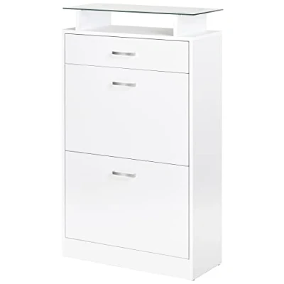 Imagen de HOMCOM Mueble Zapatero Armario con 3 Cajones Estante de Vidrio y Asa Aluminio para Pasillo Entrada Carga 50 kg 60x24x105,5 cm Blanco