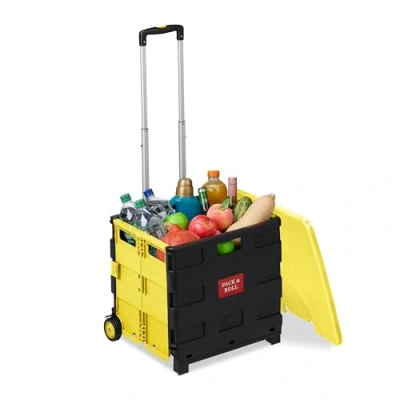 Imagen de Relaxdays Carro Compra Plegable, Carrito de Transporte con Ruedas y Tapa, Asa Telescópica, hasta 35 kg, Amarillo/Negro, Fibra Vegetal, 99 x 45,5 37,5 cm