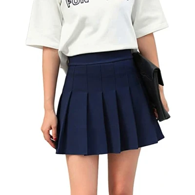 Imagen de Hoerev Mujer Niñas Cintura Alta Falda Plisada A Line Uniforme Escolar Corta, Azul Marino, 38