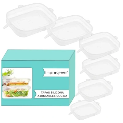 Imagen de Tapas silicona ajustables cocina cuadradas elasticas adaptables reutilizables Sin BPA aptas para Lavavajillas y microondas mantienen la Frescura evitan derrames