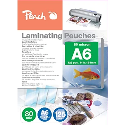 Imagen de Peach Láminas para plastificar A6 80 micras 125 bolsas brillante Calidad premium mejores resultados de laminación Compatible con todos los fabricantes marcas PP580 04P