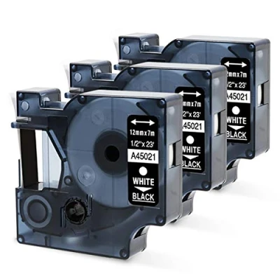 Imagen de Casete de Cinta Oozmas Compatible con Dymo 12mm x 7m 45021, Blanco sobre Negro, LabelManager 160 210D 260P 280 360D, pack 3