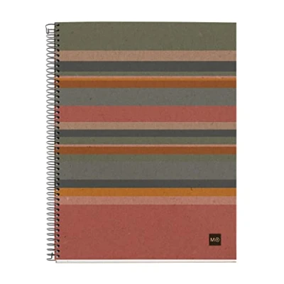 Imagen de Miquelrius Cuaderno 100% Reciclado, 4 Franjas de Color, A4, 120 Hojas Cuadrícula 5x5 mm, Papel 80 g, Taladros, Cubierta Cartón Diseño Eco Rayas
