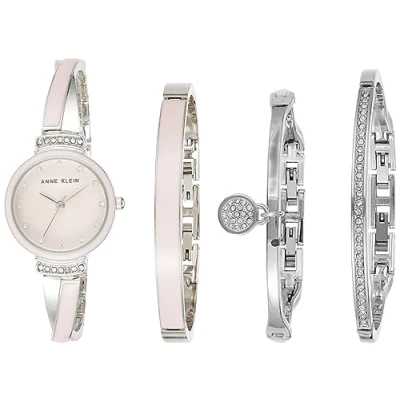 Imagen de Anne Klein Set de Reloj Pulsera y Juego Pulseras rígidas para Mujer con Detalles Cristal, Plateado/Rosa