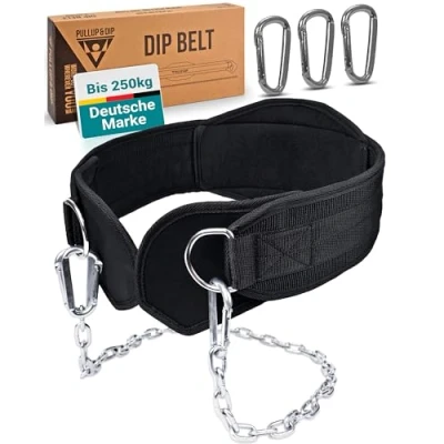 Imagen de PULLUP &amp; Dip Cinturón con Cadena y 3 Mosquetones, Belt Solapas de Neopreno como Protección la Ropa, Inmersión Pesas, Halterofilia para Calistenia, Musculación