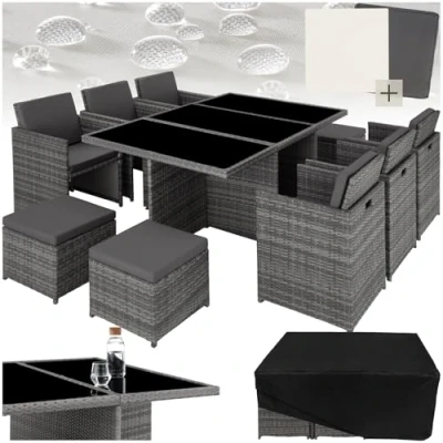 Imagen de TecTake® Conjunto Jardín Exterior de Ratán y Aluminio, Muebles Resistentes a la Intemperie, para hasta 10 Personas, con 2 Juegos Fundas Funda Protectora Gris