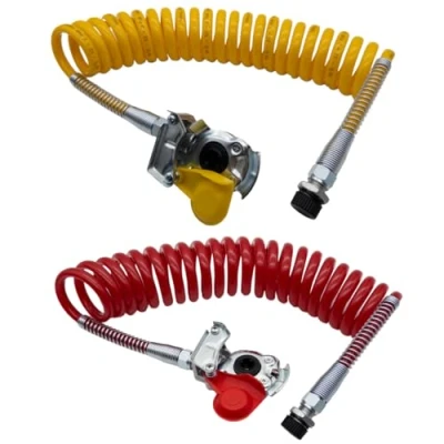 Imagen de SERTPLAS m22 Bobina de aire comprimido, manguera en espiral con protección contra torceduras, color amarillo y rojo, incluye cabezal acoplamiento rojo válvula,