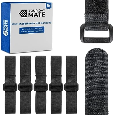 Imagen de 5 bridas de velcro con hebilla, 120 cm longitud, color negro, nailon organizador cables resellable, cierre velcro, abrazadera cable