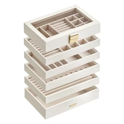 Imagen de SONGMICS Caja Joyero Apilable, de Joyas 6 Capas Grande, Tapa Cristal Transparente, 17 x 28 25,3 cm, para Cajón Tocador, Idea Regalo, Blanco Nube JBC195W01