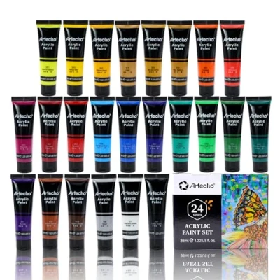 Imagen de Artecho Pinturas Acrilicas 24 x 36 ml, para Bellas Artes y Manualidades, Acrylic Paint Set, Impermeable resistente a la luz Lienzos, Tela, Madera, Cristal, Piedras