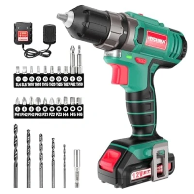 Imagen de Taladro Atornillador 12V, HYCHIKA Destornillador Eléctrico, 30N.m 21+1 Ajustes Par, 2 Velocidad ajustable, 25 Accesorios, Luz LED, a Batería, Cargador Rápido