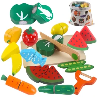Imagen de huruirui Frutas y Verduras Juguete Utensilios Cocina Juguete, Cocinita Infantil Comida Madera Accesorios 2 Años Regali di Compleanno Natale per Bambini