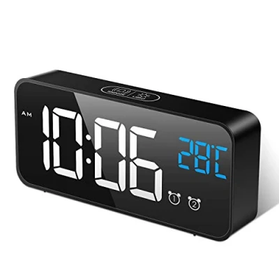 Imagen de MOSUO Reloj Despertador Digital, LED Despertadores Electrónicos Espejo con Temperatura y 2 Alarma, Snooze, Sonido Brillos Regulable, Carga USB para Dormitorio, Oficina, Negro
