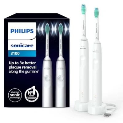 Imagen de Philips Sonicare 3100, cepillo dental eléctrico, sónico, sensor de presión y temporizador, blanco, pack doble, modelo HX3675/13