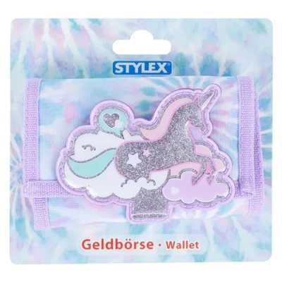 Imagen de Stylex 47071 Billetero Infantil con diseño en Tonos Pastel, Azul Morado y Parche de Unicornio Plateado, Aprox. 12,5 x 9 2,5 cm, Multicolor (47071)