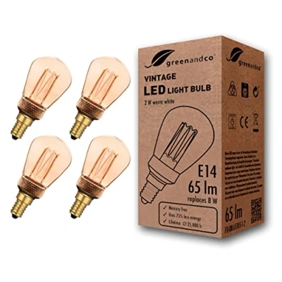 Imagen de greenandco 4x Bombilla LED decorativa estilo vintage E14 ST45 2W 65lm 1800K 320 230V, dorado, sin parpadeo, no regulable