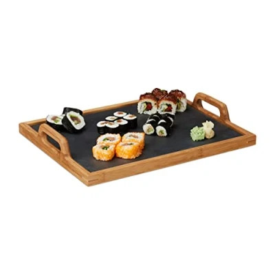 Imagen de Relaxdays Bandeja Madera Rectangular con Placa de Pizarra y 2 Asas, Bambú, Marrón, 6 x 40,5 32 cm, 40.5 cm