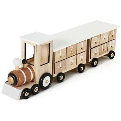 Imagen de BRUBAKER Calendario de Adviento Madera Reutilizable para Rellenar Locomotora Blanca 24 Puertas Navidad DIY 46 x 9.5 10.7 cm