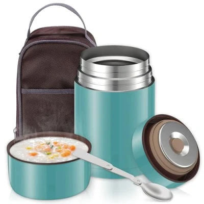 Imagen de Termo Comida Caliente 801ml, Termos para Acero Inoxidable Termico Recipiente con Bolsa Aislada e Cuchara Plegable, Solidos y Líquid, Verde Acuático