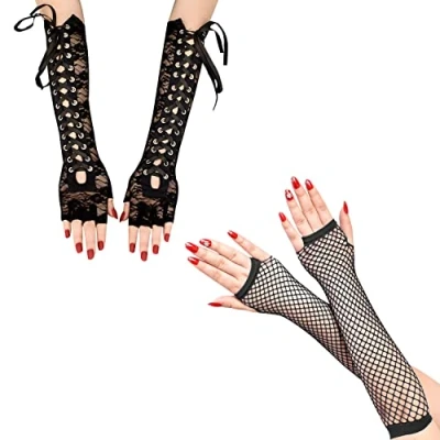 Imagen de 1 par de guantes encaje Negro, red pesca, vestido noche vintage, juego rol, accesorios ropa, adecuados para ópera, danza, boda, fiesta, Talla única