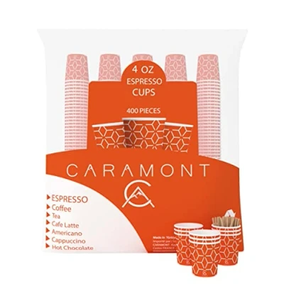Imagen de Caramont,400 Vasos Carton Desechables para Café Espresso de 4 onzas 110 ml con agitadores madera, ecológicos y desechables, resistentes al calor