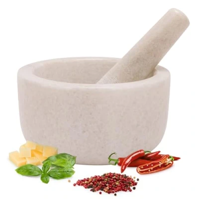 Imagen de H&amp;S Set de Mortero Cocina Piedra Maciza Mármol para Machacar y Triturar Especias Molcajete 18 cm Moler Marmol Blanco