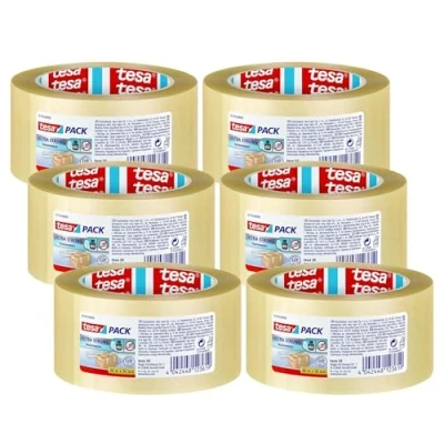 Imagen de tesapack Cinta Adhesiva para Embalar, Sellar y Empaquetar Resistente al envejecimiento desgarro Extra fuerte sin disolventes 6x 66 m x 50 mm Transparente