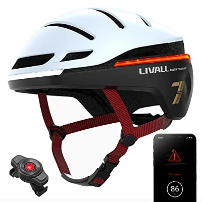 Imagen de Casco Livall EVO21, M (54 58 cm), Para patinete y bici, SOS, Luz de posición freno, Iluminación 360, Intermitentes Resistente a lluvia, Blanco